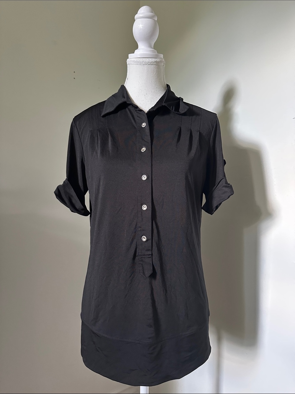 ELENA MIRO Black Collared Short Roll Sleeve Pleated Work Office Blouse Sz 8
